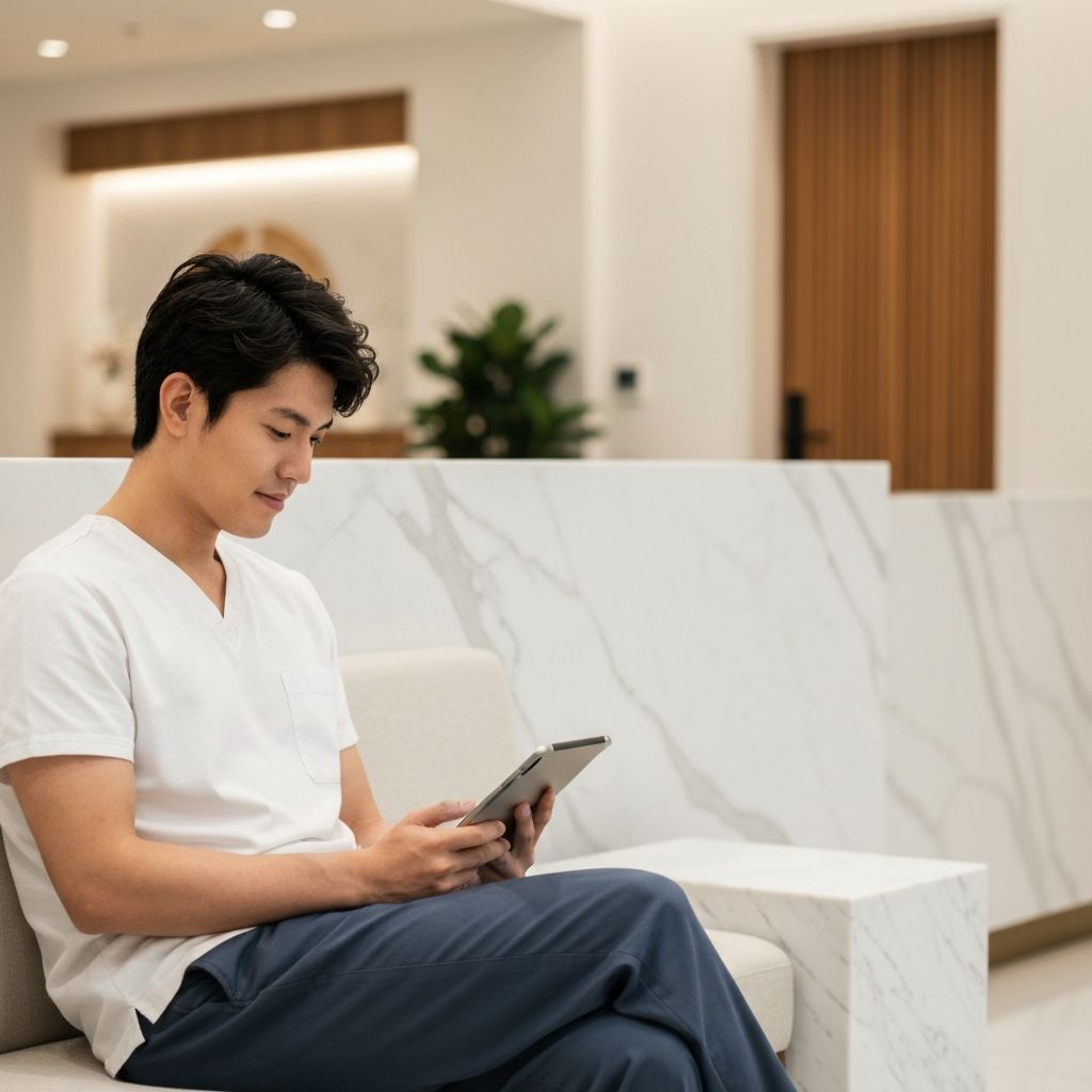 Patient using digital intake on a tablet in a premium clinic